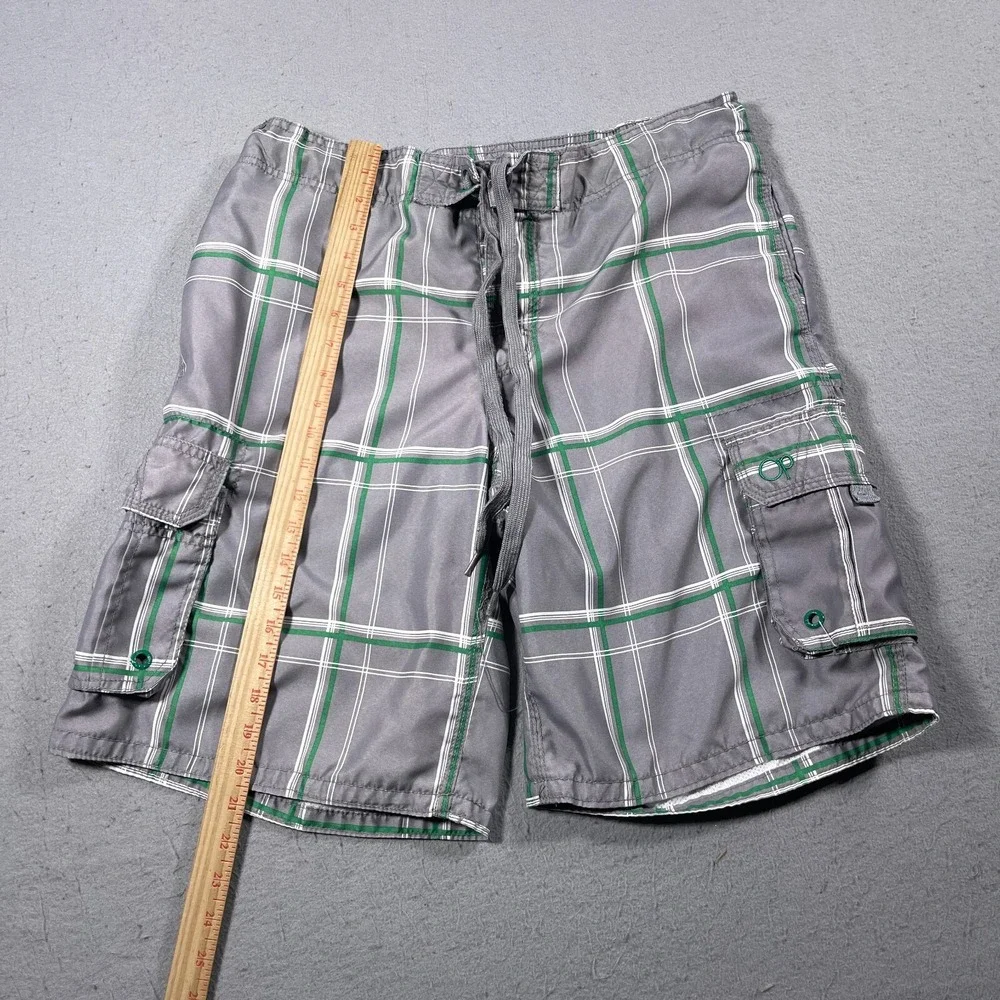 Ocean Pacific Plaid Board Shorts Men Medium Grey Green Cargo Swim Trunks Vintage